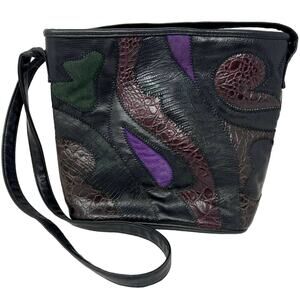 Vintage 90s Accessory Works Leather Croc Suede Patch Shoulder Bag Black Purple